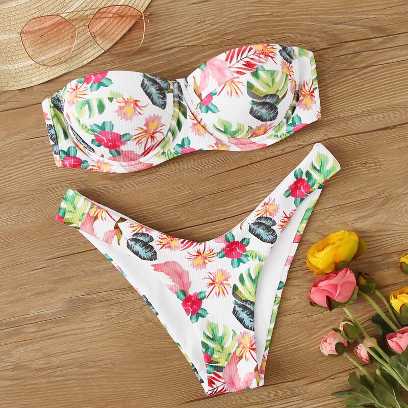 

Floral Print Underwire Bandeau Bikini Set, Multicolor