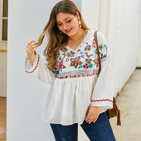 

Plus Tribal Embroidery Peplum Blouse, White