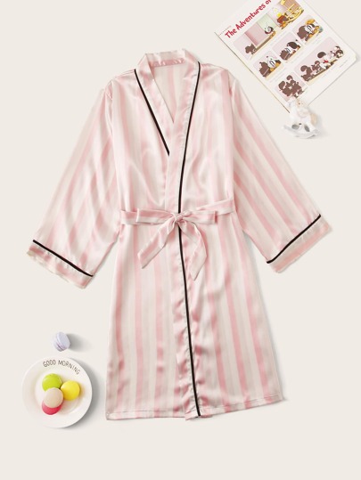 Girls Striped Satin Robe With Belt