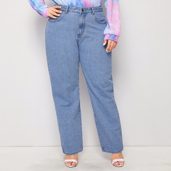 

Plus Button Up Straight Leg Jeans, Blue