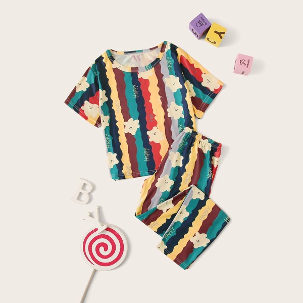 

Girls Bear Print Striped PJ Set, Multicolor