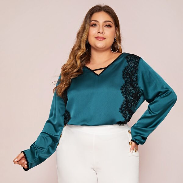 

Plus Contrast Lace Satin Blouse, Blue