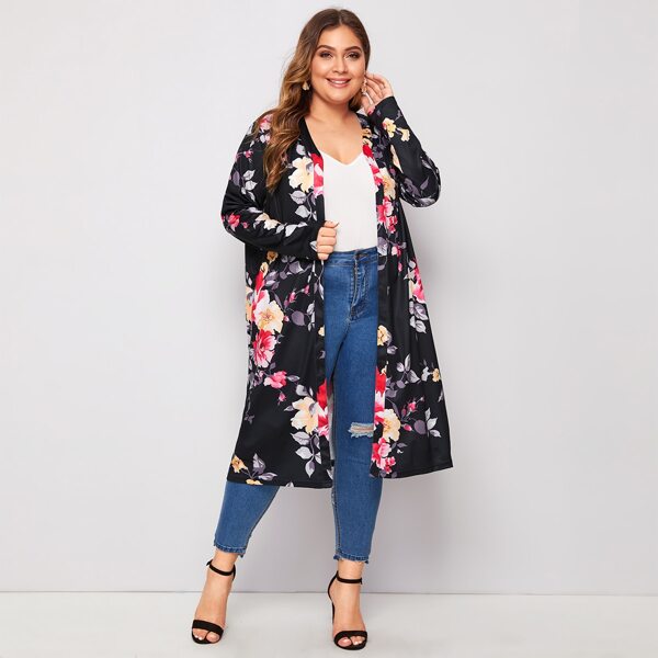 

Plus Floral Print Open Front Coat, Multicolor