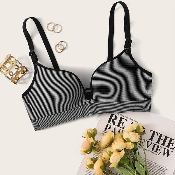 

Striped Adjustable Strap Bra, Black and white