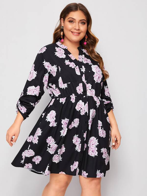 

Plus Allover Floral Print Notch Neck Shirt Dress, Multicolor, Carol