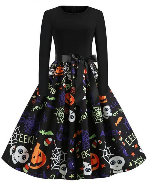 

Plus Halloween Print Fit And Flare Dress, Black