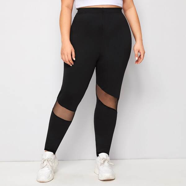 

Plus Mesh Insert Elastic Waist Leggings, Black