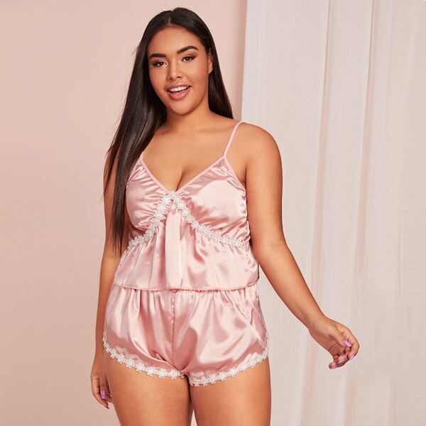 

Plus Lace Trim Satin Cami PJ Set, Pink