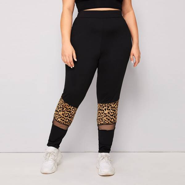 

Plus Contrast Mesh Leopard Leggings, Black