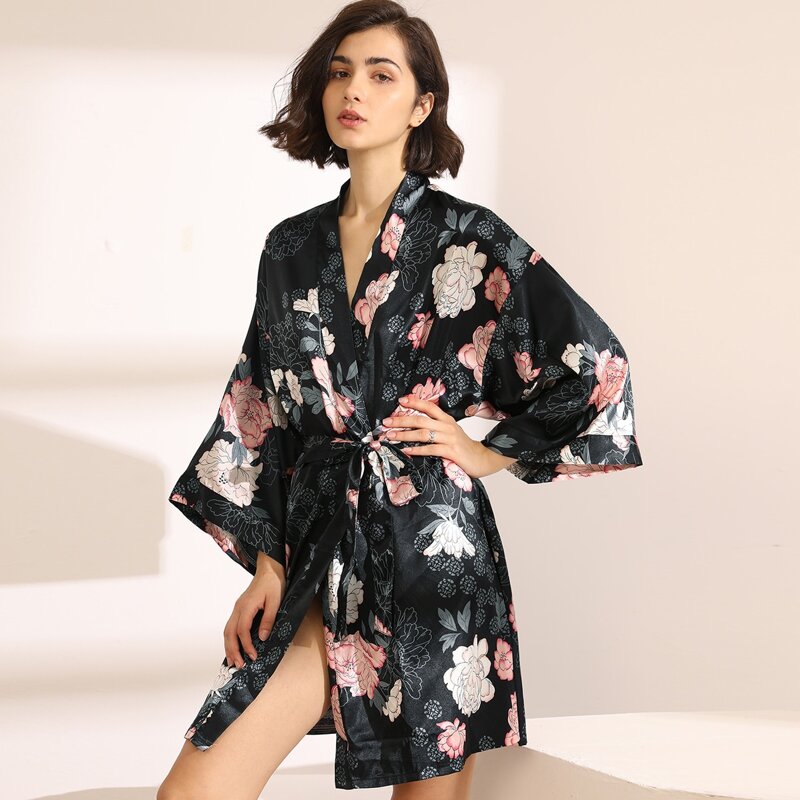 

Floral Satin Robe With Belt, Black