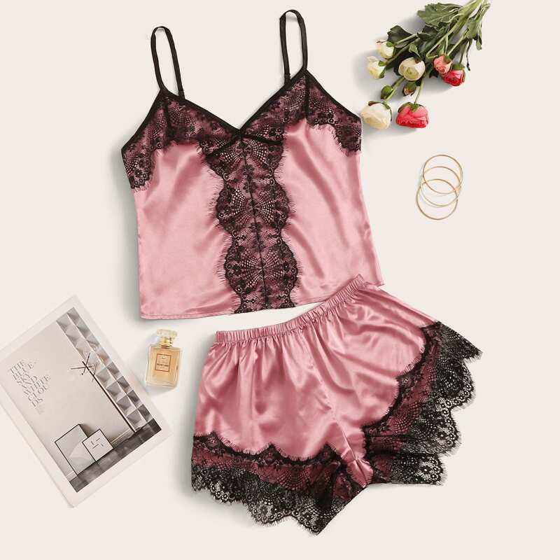 

Contrast Lace Satin Cami PJ Set, Pink