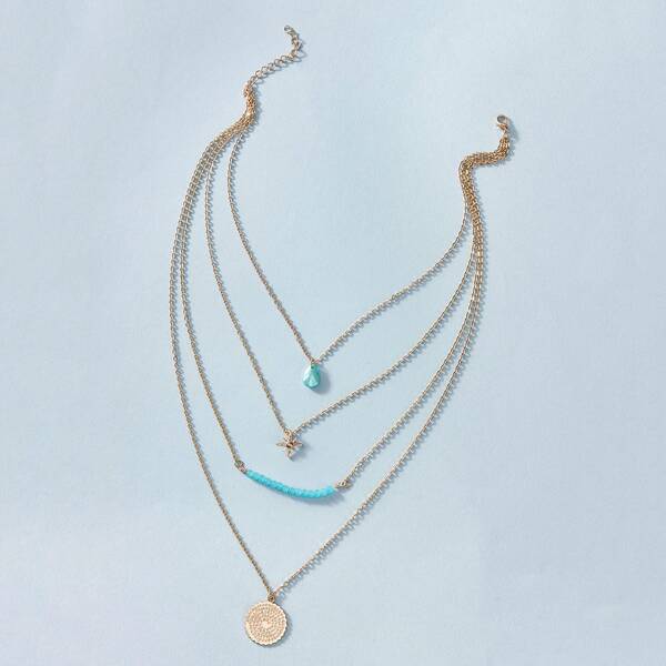 

1pc Coin & Star Charm Layered Necklace, Gold