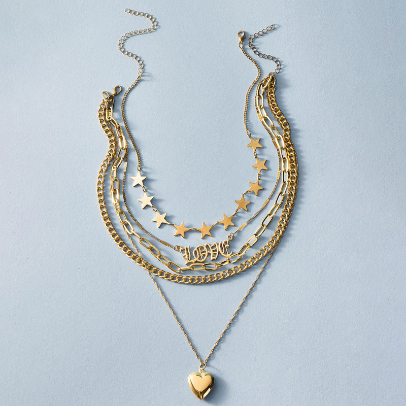 

2pcs Heart & Star Decor Layered Necklace, Gold