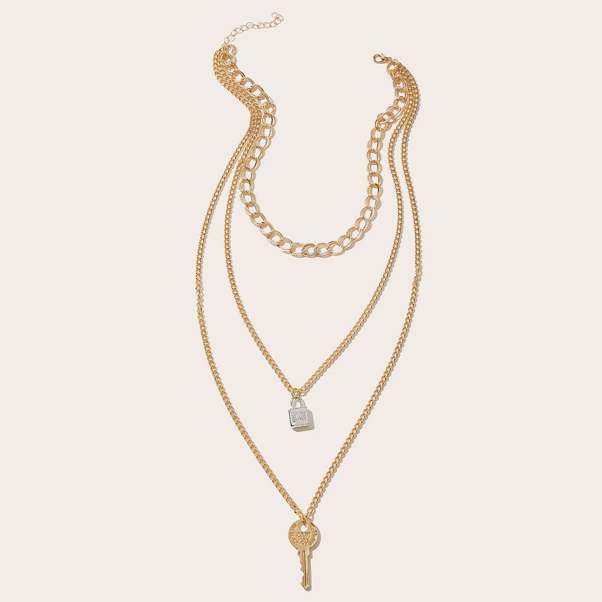 

1pc Lock & Key Pendant Layered Chain Necklace, Gold