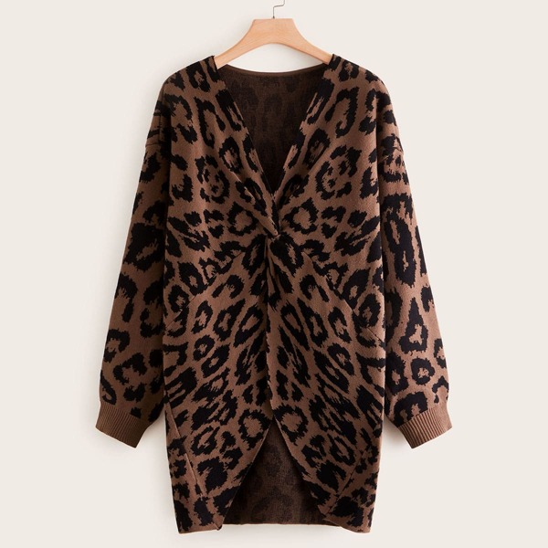 

Plus Allover Leopard Twist Front Sweater, Multicolor