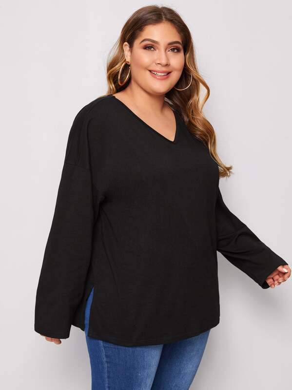 

Plus V-neck Split Hem Tee, Black, Carol