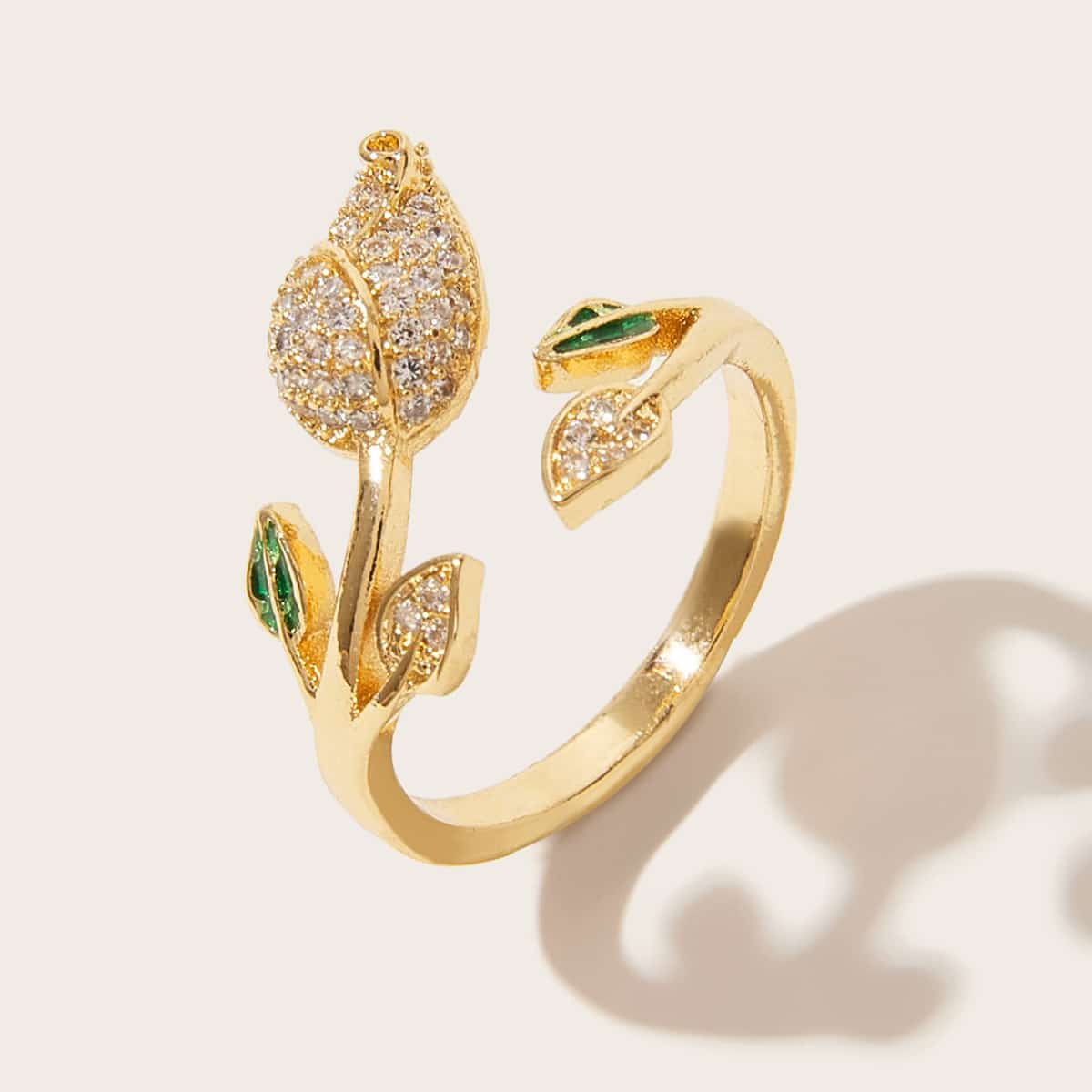 

1pc Rhinestone Engraved Leaf Shaped Ring, Gold