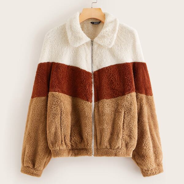 

Zip Up Color-block Teddy Jacket, Multicolor