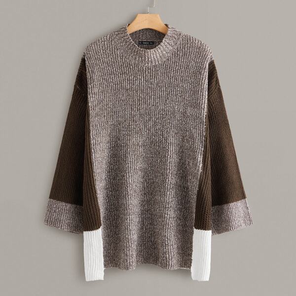 

Plus Stepped Hem Color Block Jumper, Brown