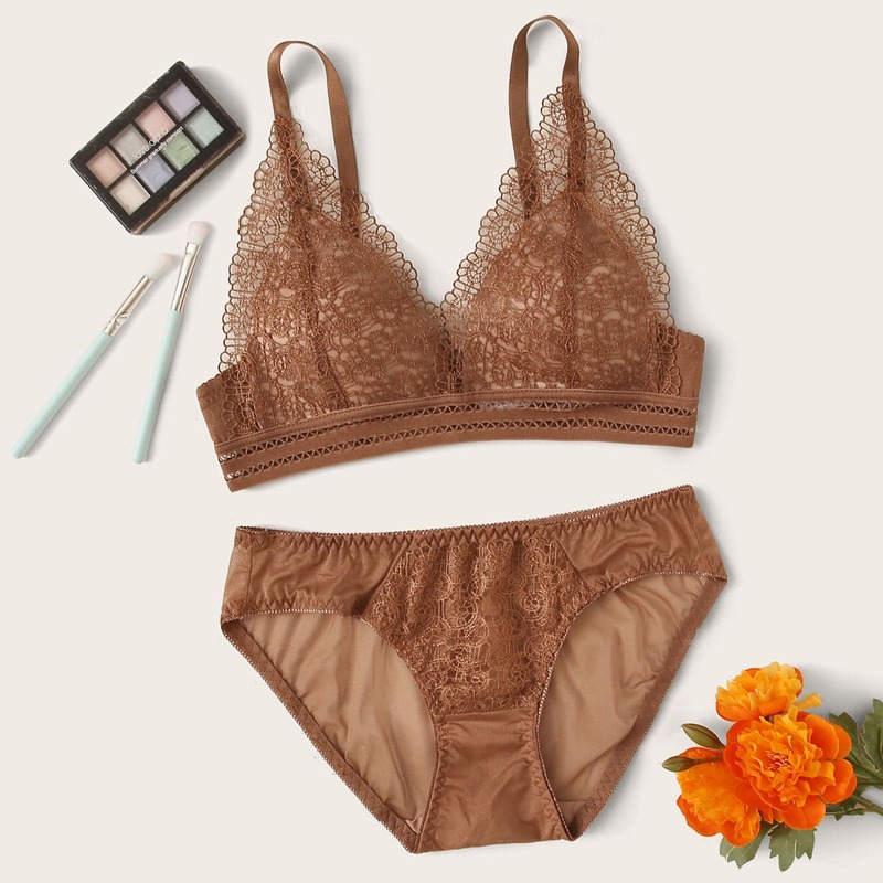 

Floral Lace Lingerie Set, Brown