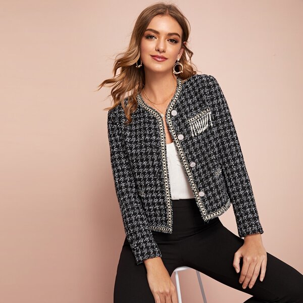 

Contrast Frayed Trim Pearls Detail Tweed Jacket, Black