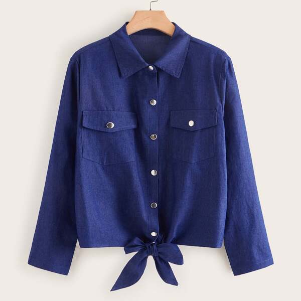 

Plus Button Through Knot Hem Denim Blouse