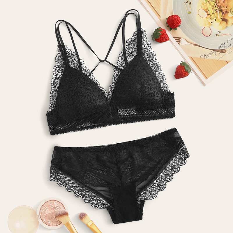 

Floral Lace Double Strap Lingerie Set, Black