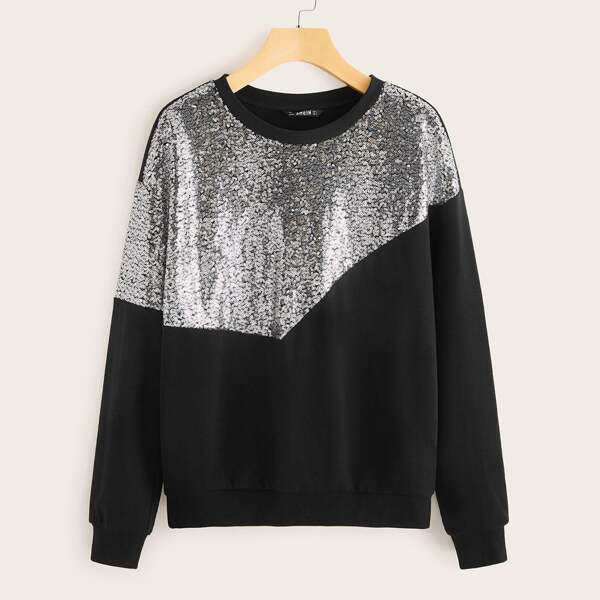 

Drop Shoulder Contrast Sequin Pullover, Black