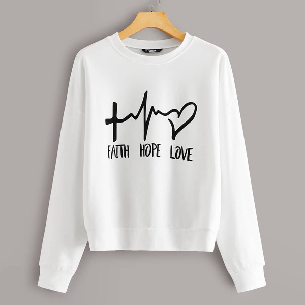 

Drop Shoulder Slogan Graphic Pullover, White