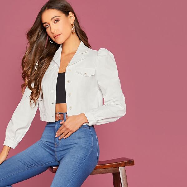 

Puff Sleeve Box Pleated Hem Jacket, White