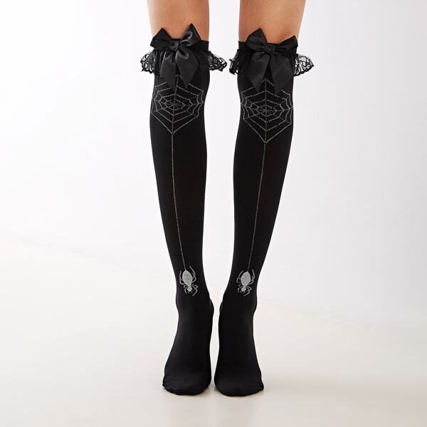 

1pair Bow Knot Decor Knee Length Socks, Black