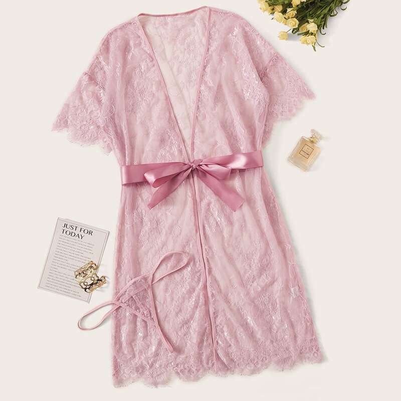 

Floral Lace Robe With Thong & Belt, Pink