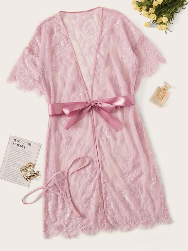 

Floral Lace Robe With Thong & Belt, Pink
