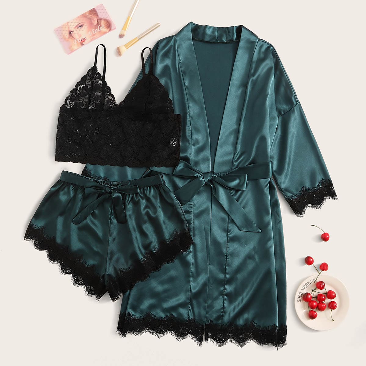 

Floral Lace Bralette With Satin Shorts & Belted Robe, Green