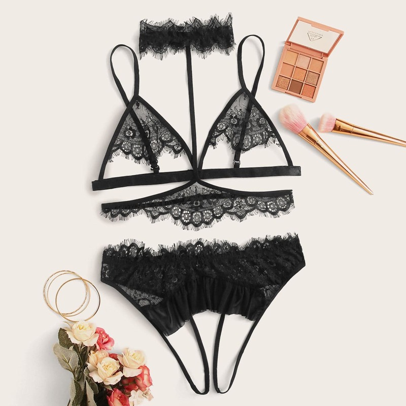 

Floral Lace Lingerie Set With Choker, Black