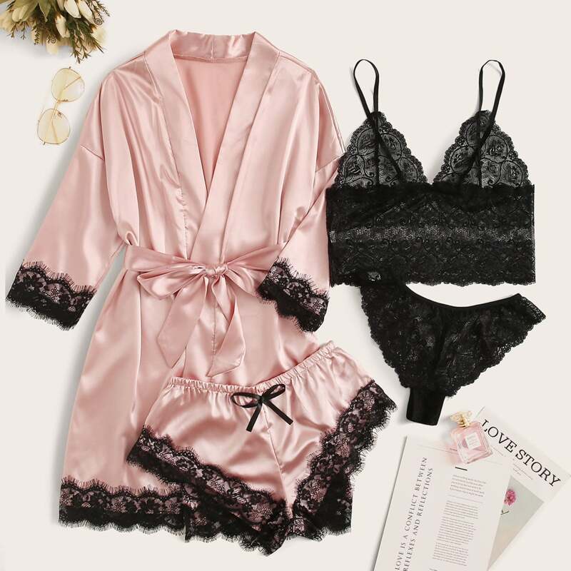 

4pack Floral Lace Lingerie Set With Satin Belted Robe, Baby pink