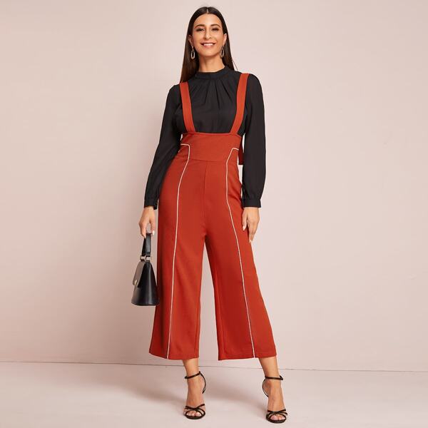 

Contrast Binding Wide Leg Pinafore Jumpsuit With Adjustable Strap, Orange
