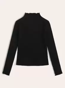 SHEIN EZwear Ribbed Mock Neck Lettuce-Edge Top - Black - View 3
