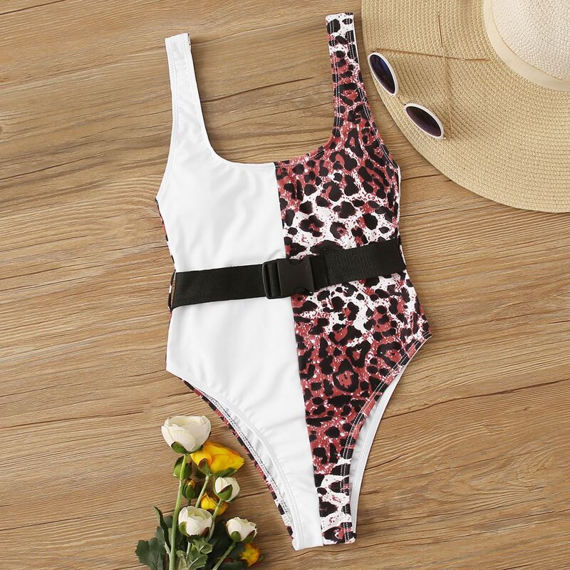 

Contrast Leopard One Piece Swimwear With Belt, Multicolor