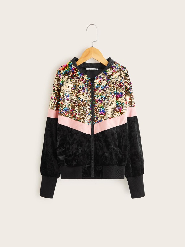 

Girls Zip Up Colorblock Velvet Panel Sequin Hooded Jacket, Multicolor