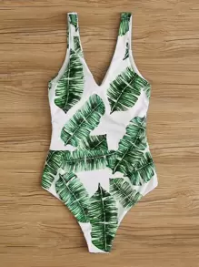 Tropical Tie Waist One Piece Swimsuit - Olive Green - View 2
