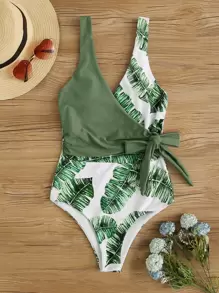 Tropical Tie Waist One Piece Swimsuit - Olive Green - View 1