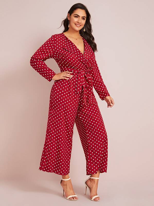 

Plus Dot Print Wrap Belted Collared Jumpsuit, Red, Ruiz Brianna