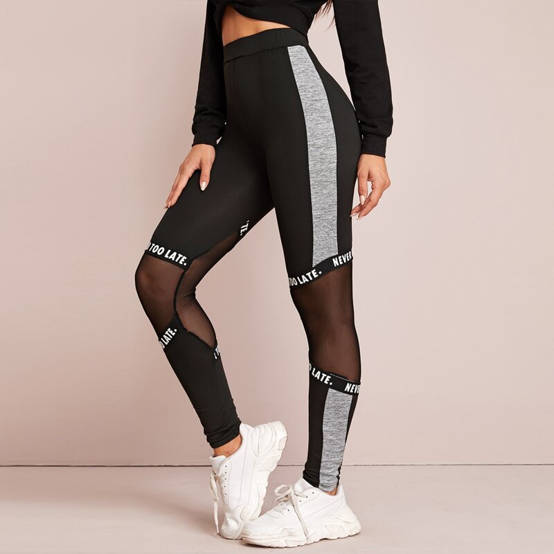 

Contrast Side Lettering Tape & Mesh Detail Leggings, Black