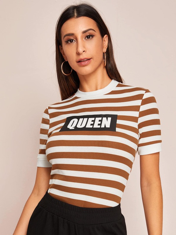 

Letter Graphic Rib-knit Striped Tee, Brown, Gabe