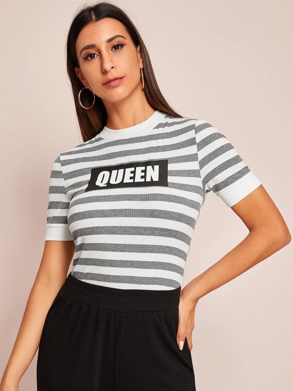 

Letter Graphic Striped Rib-knit Top, Grey, Gabe