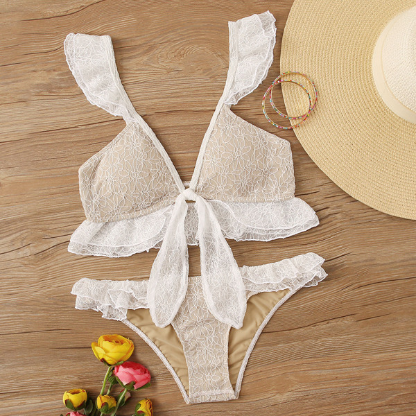 

Contrast Lace Ruffle Trim Bikini Set, Beige