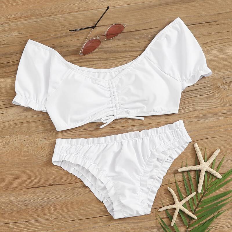 

Drawstring Frill Trim Short Sleeve Bikini Set, White