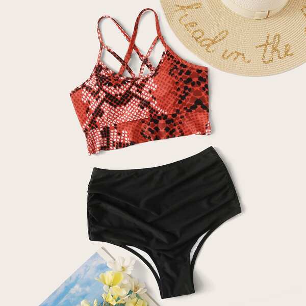 

Snakeskin Lattice Top With Ruched Bikini Set