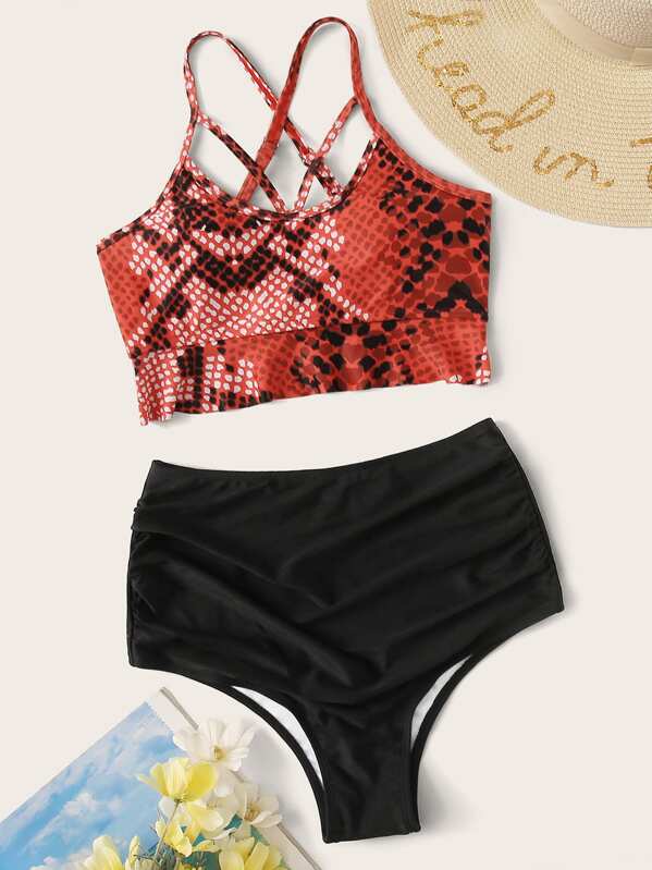 

Snakeskin Lattice Top With Ruched Bikini Set, Multicolor